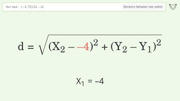 Find the distance between two points p1 (-4,72) and p2 (54,-3): Step-by-Step Video Solution