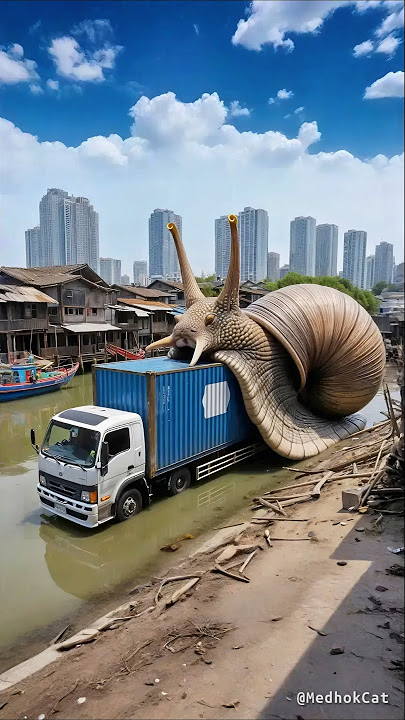 Evolution of a container truck almost eaten by a giant snail into a dancing dinosaur doll