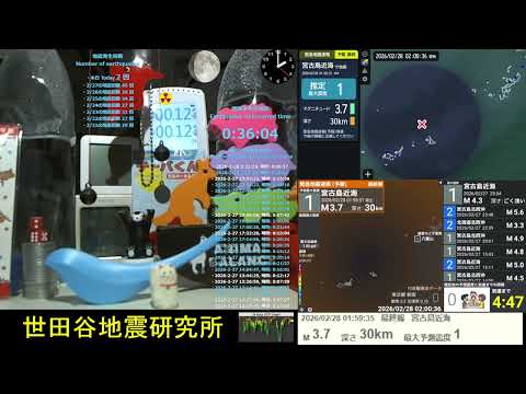 2026/2/28 1:59 宮古島近海で地震 震度1 深さ30km M3.7 Earthquake off the coast of Miyakojima Japan