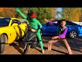 Biker Green Man on Motorcycle & Mr. Joe on Chevrolet Camaro VS Opel Vectra OPC in Race for Kids