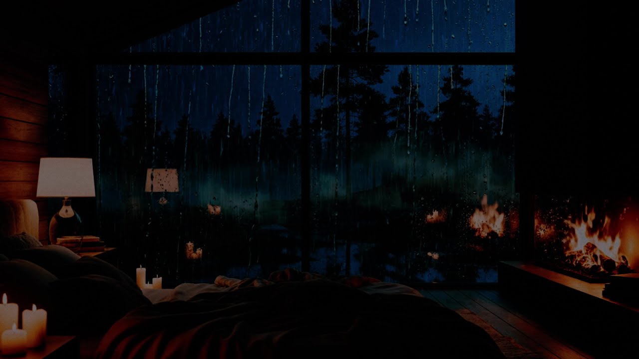 🌲 Rainy Night in a Cozy Forest Cabin 🌧️ | Fireplace Sounds 🔥 for Deep ...