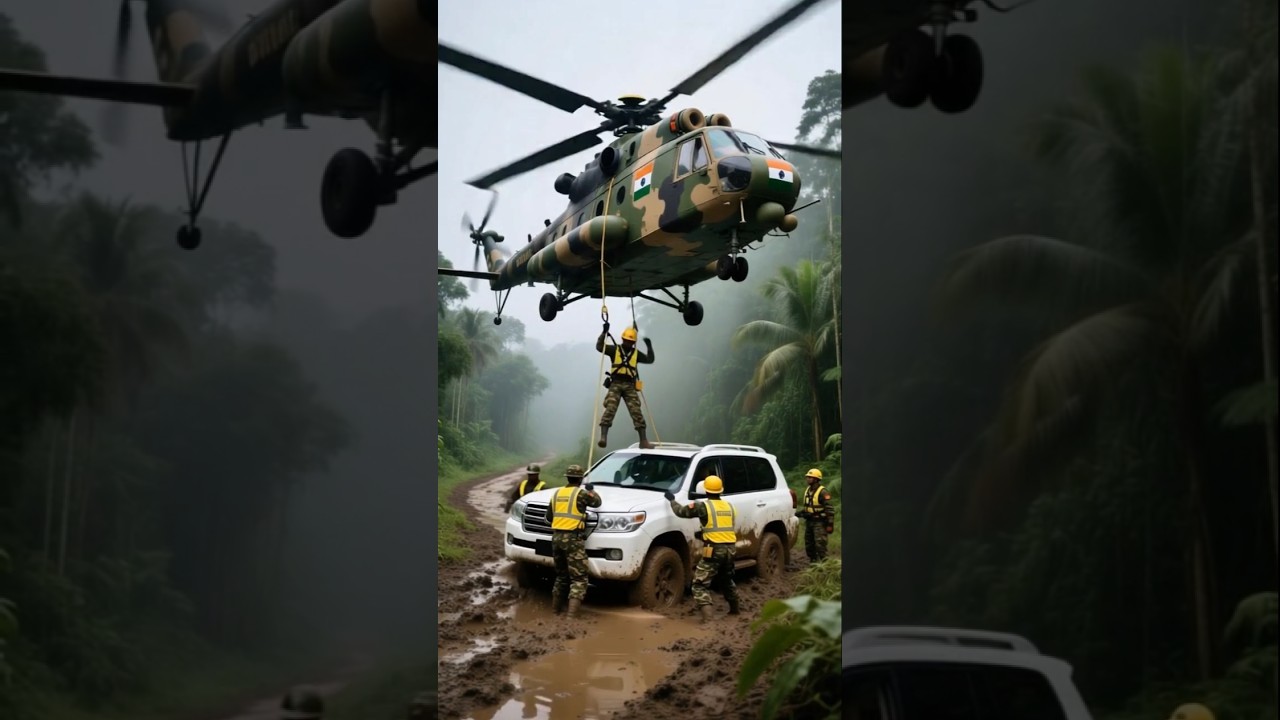 Indian Army Helicopter Air-Lifts Stranded Vehicles from Jungle Flood 