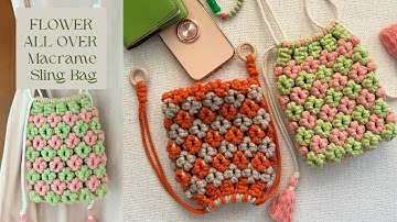 Flower All Over Drawstring Macrame Sling Bag with Adjustable Strap | Macrame Tutorial