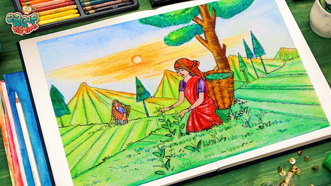 Tea garden drawing How to Draw Tea garden scenery Very Easy YouTube