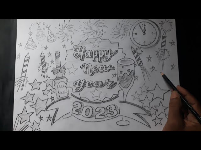 Happy New Year Drawing Easy | How To Draw New Year Drawing Step By