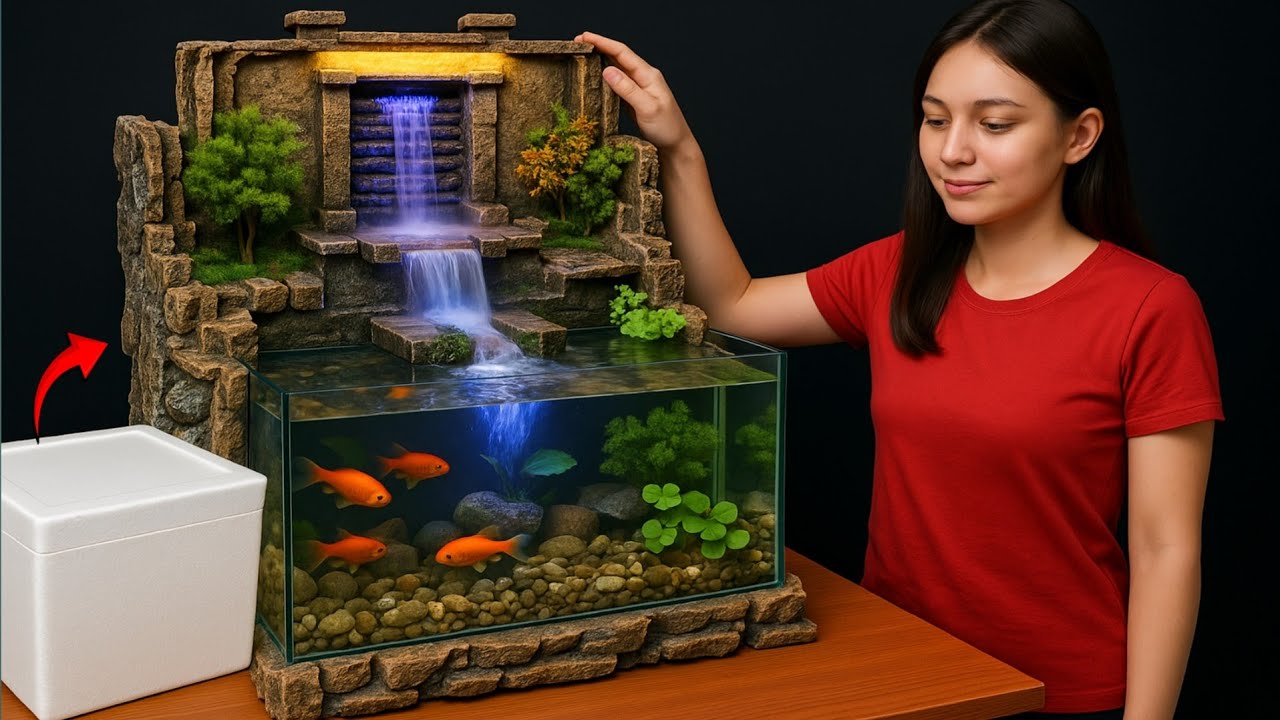 Творческая трансформация: коробка из пенопласта превращается в миниатюрный садовый водопад-аквариум
