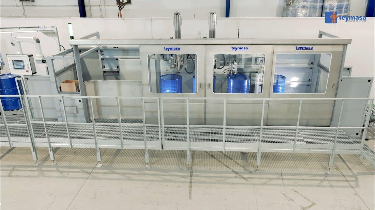 Automatic filling machine + drums palletizer YouTube