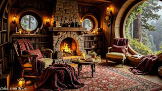 Cozy Irish Library Ambience ☘️ In the Forest Library  on a Rainy Afternoon | Celtic Folk Music