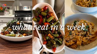 what i eat in a week plantbased/vegan | Red Pepper Pasta, Fried Okra, Sheet Pan Meal, Lavender Milk