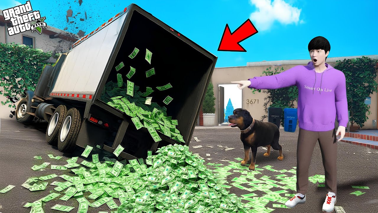 ကျွန်တော့်အိမ်ရှေ့ကို Dollor တွေအပြည့်နဲ့ ဘဏ်ကားကြီး ဝင်တိုက်ခဲ့တယ် | Billion Dollars Outside GTA V