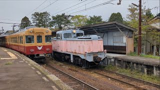 豪華な並び！富山地方鉄道デキ12021形　臨時列車＆本線　寺田・上市・滑川・電鉄魚津・電鉄黒部・新黒部経由宇奈月温泉行　10030形10033編成（旧京阪色）東新庄駅入線シーン＆発車シーン