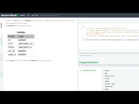 Query a list of CITY names from STATION for cities that have an even ID number HackerRank|Day 52 SQL