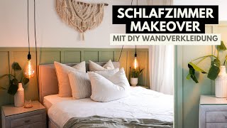 Schlafzimmer Makeover im Boho Stil | DIY Wandvertäfelung Lattenwand |  Roomtour und Mozart Bett
