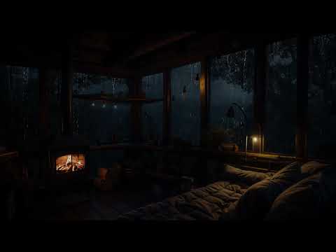 A Peaceful Night Forest: Rain and Fireplace Ambience in a Cozy Forest Cabin