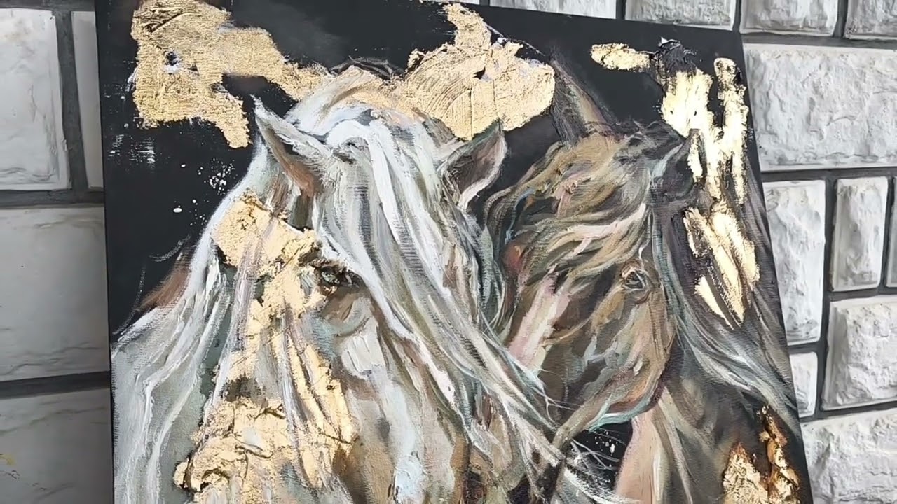 スロベニア 二つの心。金箔を施したオリジナル油絵。動物アート