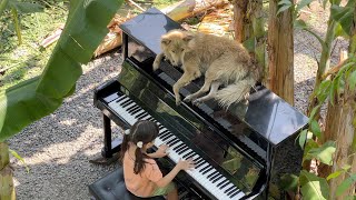 Emilie practicing 'LA57' by Alessandra Celletti with Sharky the Dog