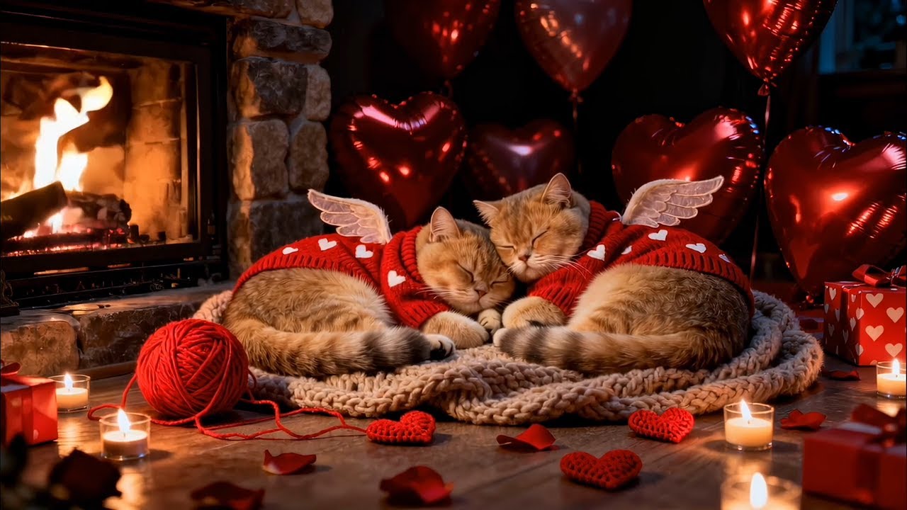 Romantic Valentine Night 😻🔥 Cozy Fireplace & Soft Cat Purring ASMR