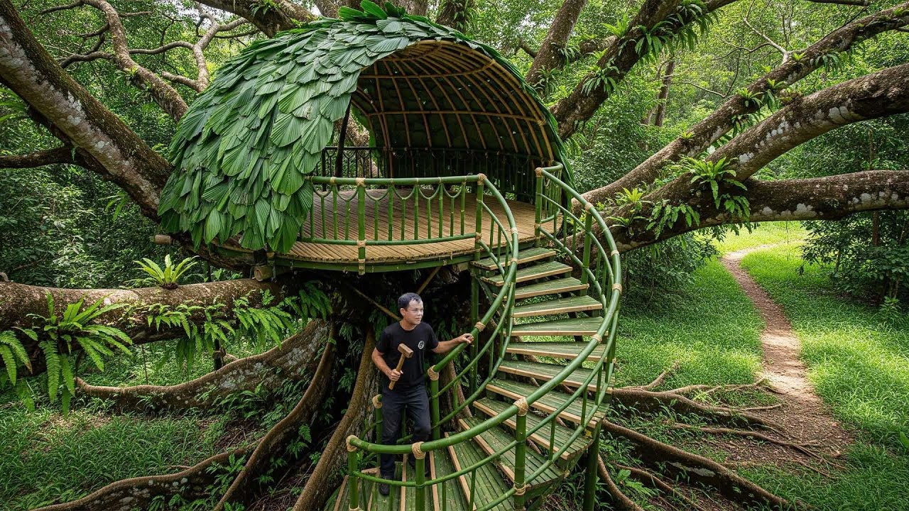 I Built a Secret Treehouse to Live in the Forest Alone | From Start to Finish [4K video]