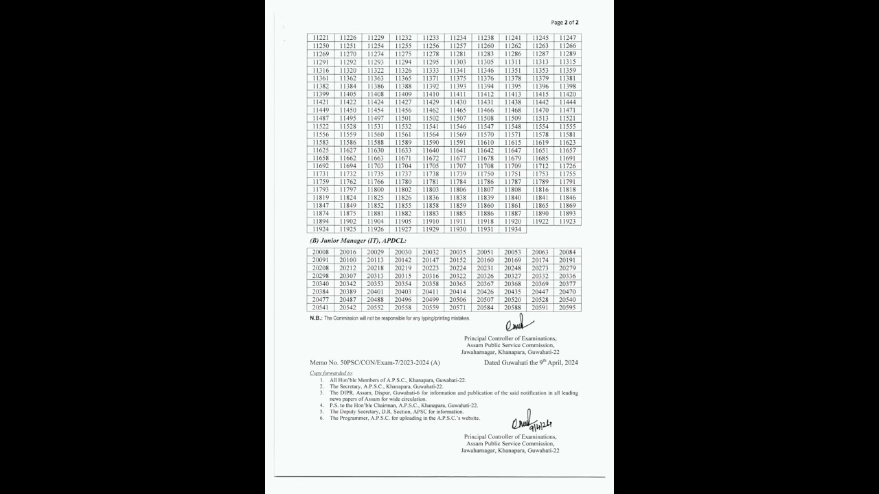 Result of the Screening Test (OMR based) for the post of Junior Manager (Electrical/IT) in APDCL
