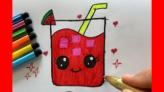 How to Draw a Cute Glass of Juice/ Watermelon Drink for Kids Step by Step 