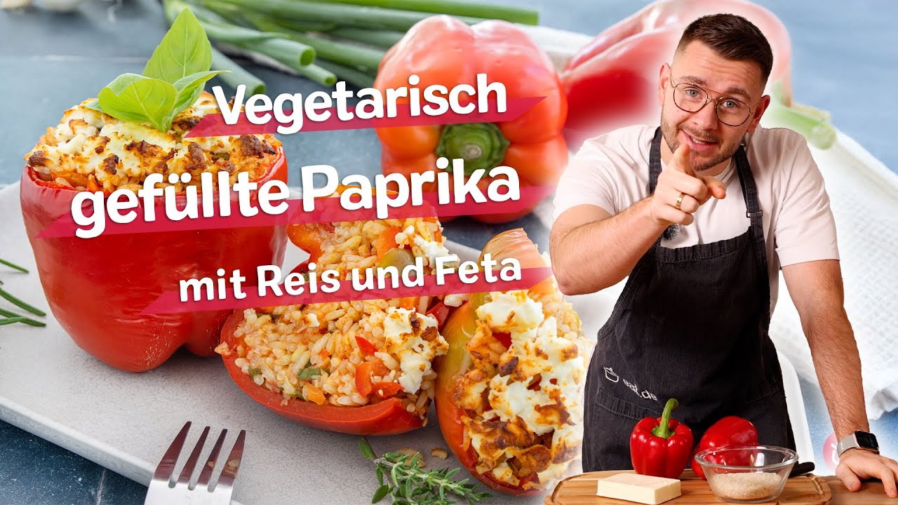 Vegetarisch gefüllte Paprika mit Reis und Feta | REZEPT | eat.de