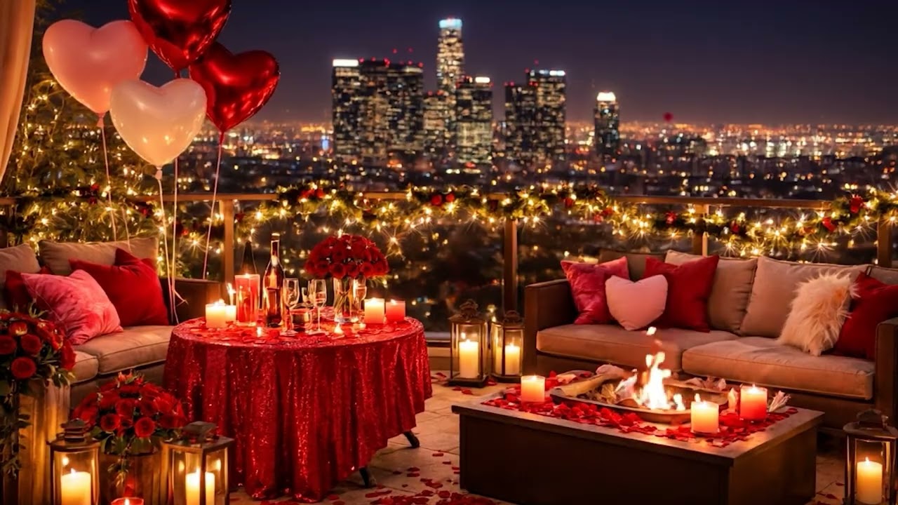 Romantic City Night 🌹 | Cozy Balcony Fireplace | Soft Music & Valentine Vibes for Relaxation & Sleep