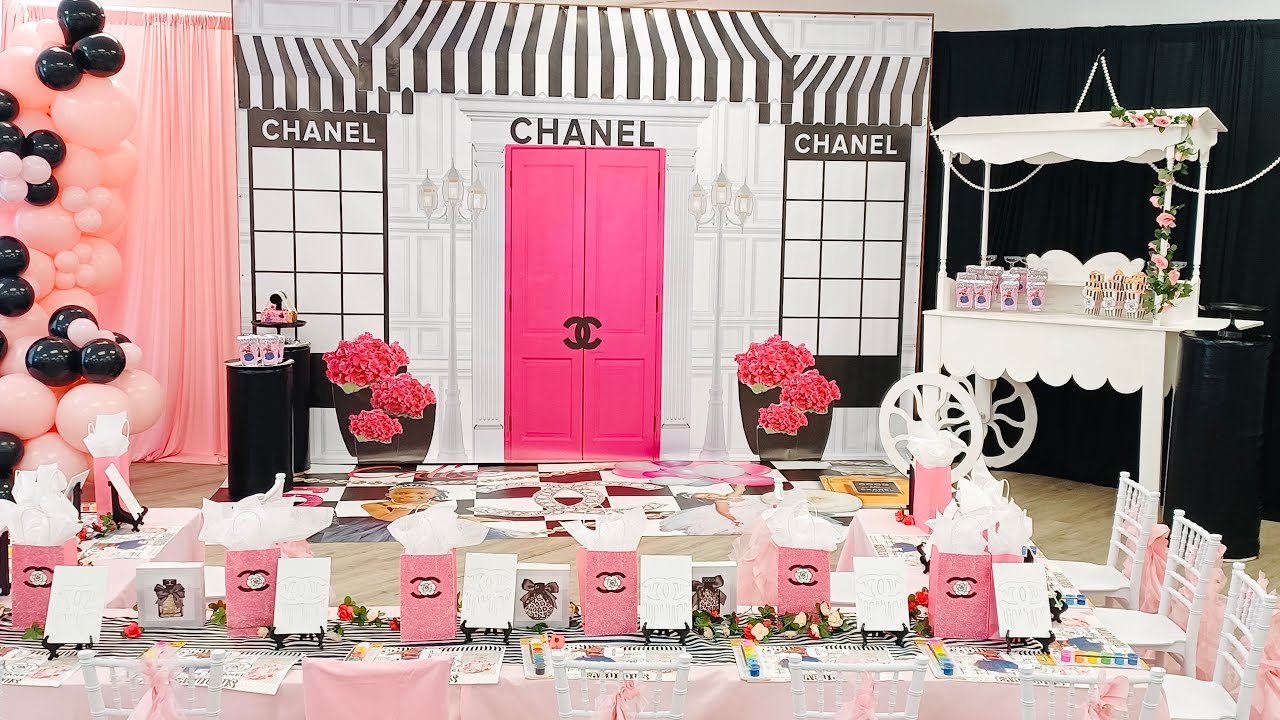 Chanel theme 5th birthday party Pink and black with stripes Chanel