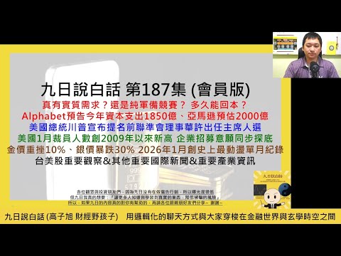 【九日說白話187 會員版-2026/02/06】谷歌預告今年資本支出1850億、亞馬遜預估2000億，真有實質需求？還是純軍備競賽？美國1月裁員人數創2009年以來新高，企業招募意願同步探底