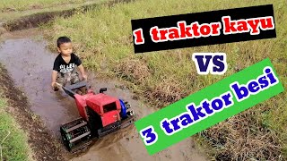 Traktor kayu vs Traktor besi mainan anak bajak sawah