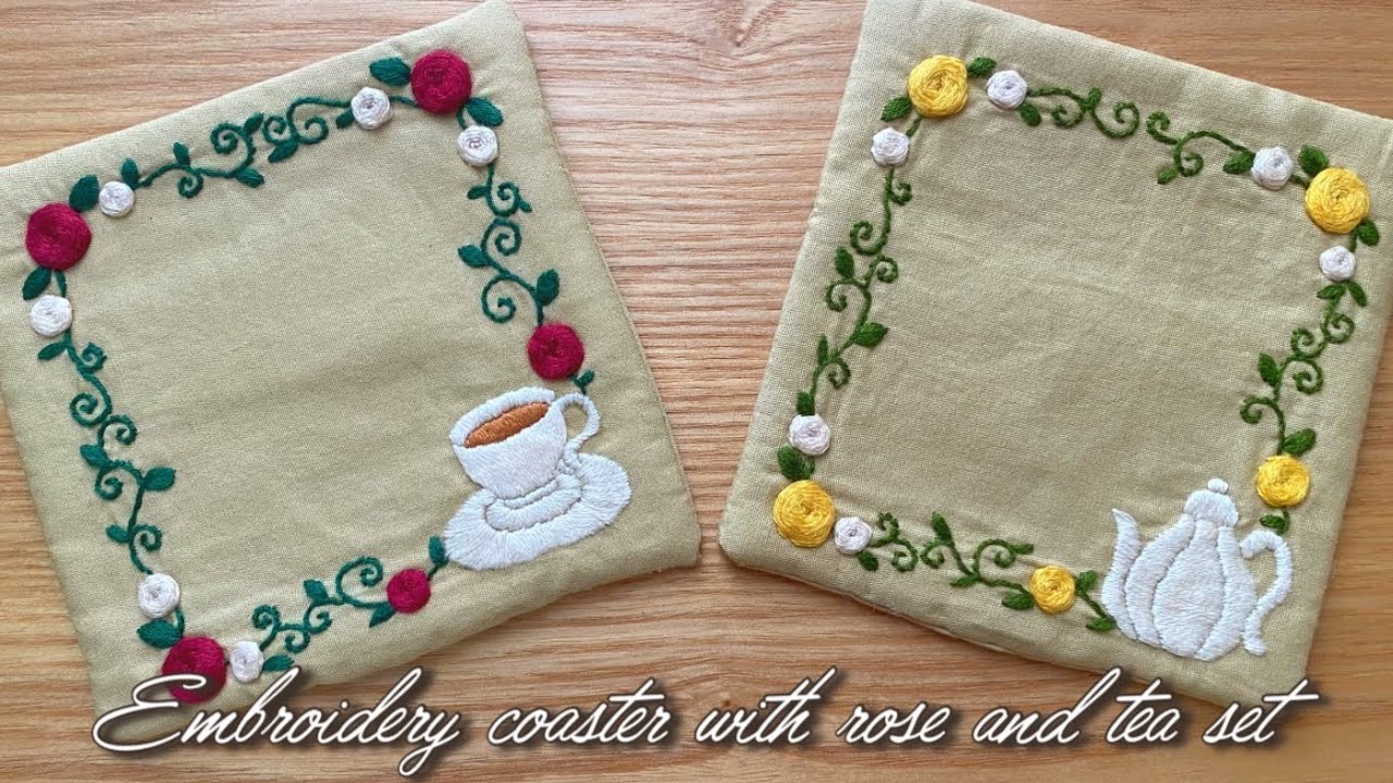 【刺繍】薔薇とティーセットの刺繍コースター