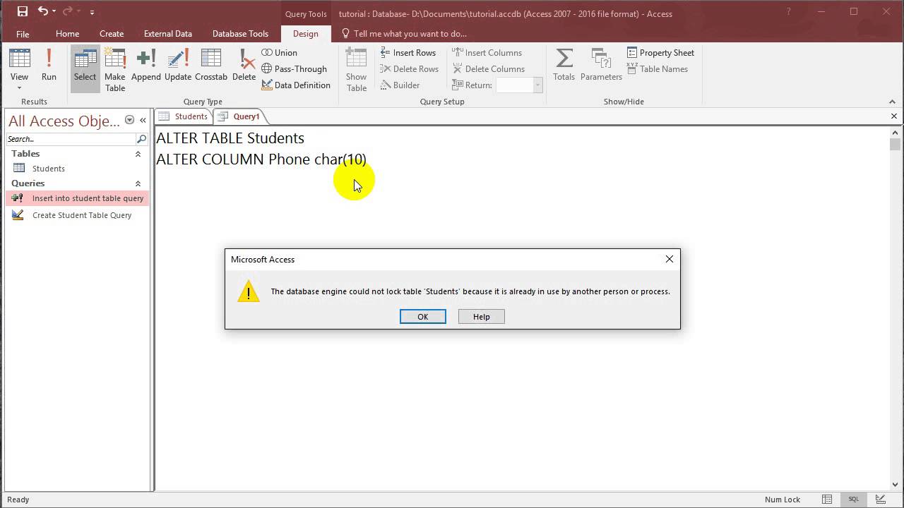 SQL with Microsoft Access 2016 lesson 3 - Alter Table - YouTube