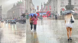 London West End HEAVY RAIN Showers ⭐⭐⭐ Summer London Walk [4K HDR]