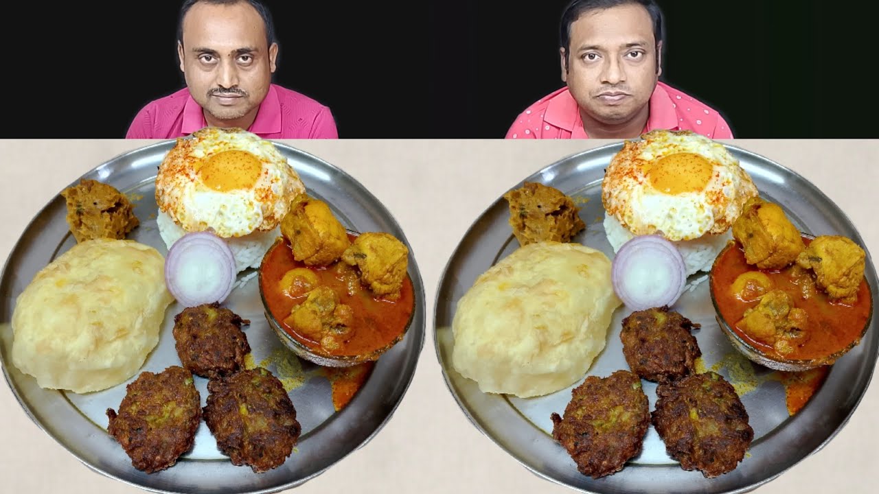 CHICKEN CURRY EGG POUCH PAKORA VARTA RICE EATING CHALLENGE // food family & more 