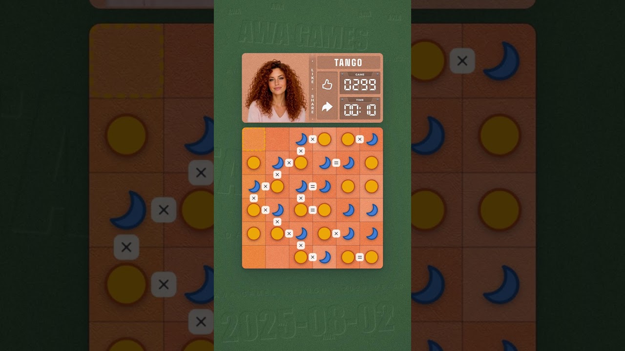 LinkedIn Tango #299 solved board for August 2, 2025, 6x6 grid