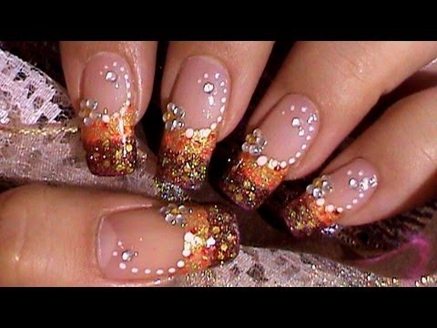 Gold Red Nail Art Design Tutorial W Rhinestone Flower Youtube