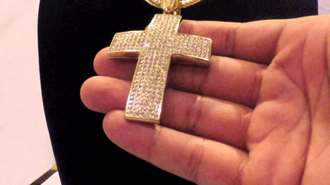 Gold iced out holy cross pendant w/ 36" franco chain lab made hip hop jewelry YouTube