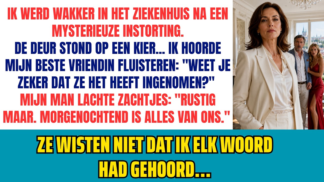 Ik werd wakker in een ziekenhuisbed en hoorde mijn beste vriendin fluisteren tegen mijn man: “Weet je zeker dat ze het heeft gedronken?” Hij lachte zacht: “Ontspan je. Tegen morgenochtend is alles...