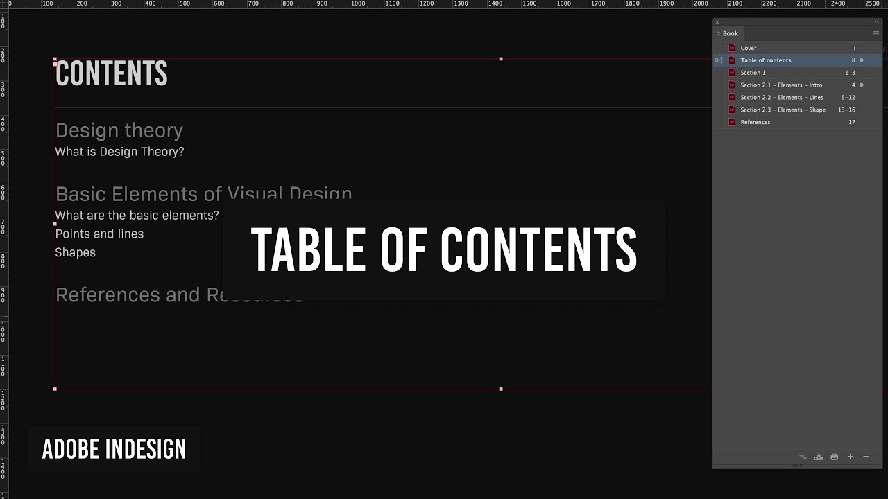 Create an Adobe Indesign book file and generate a Table of Contents
