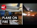 Moment Plane Catches Fire And Skids Off Runway in Senegal