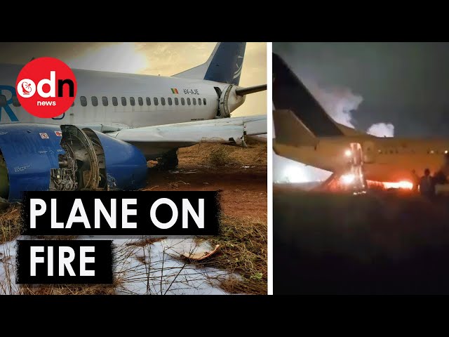 Moment Plane Catches Fire And Skids Off Runway in Senegal