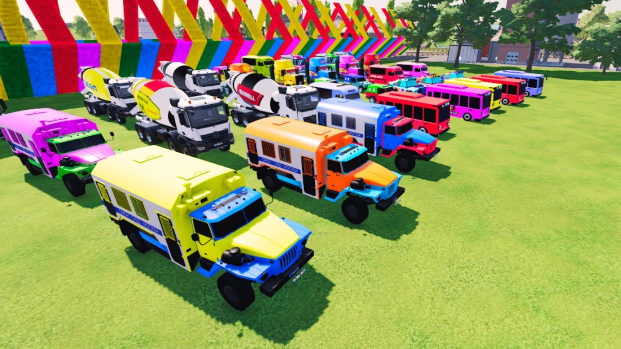 TRANSPORTING ALL, POLICE CARS, AMBULANCE, FIRE TRUCK OF COLORS! WITH TRUCKS! - FS 22
