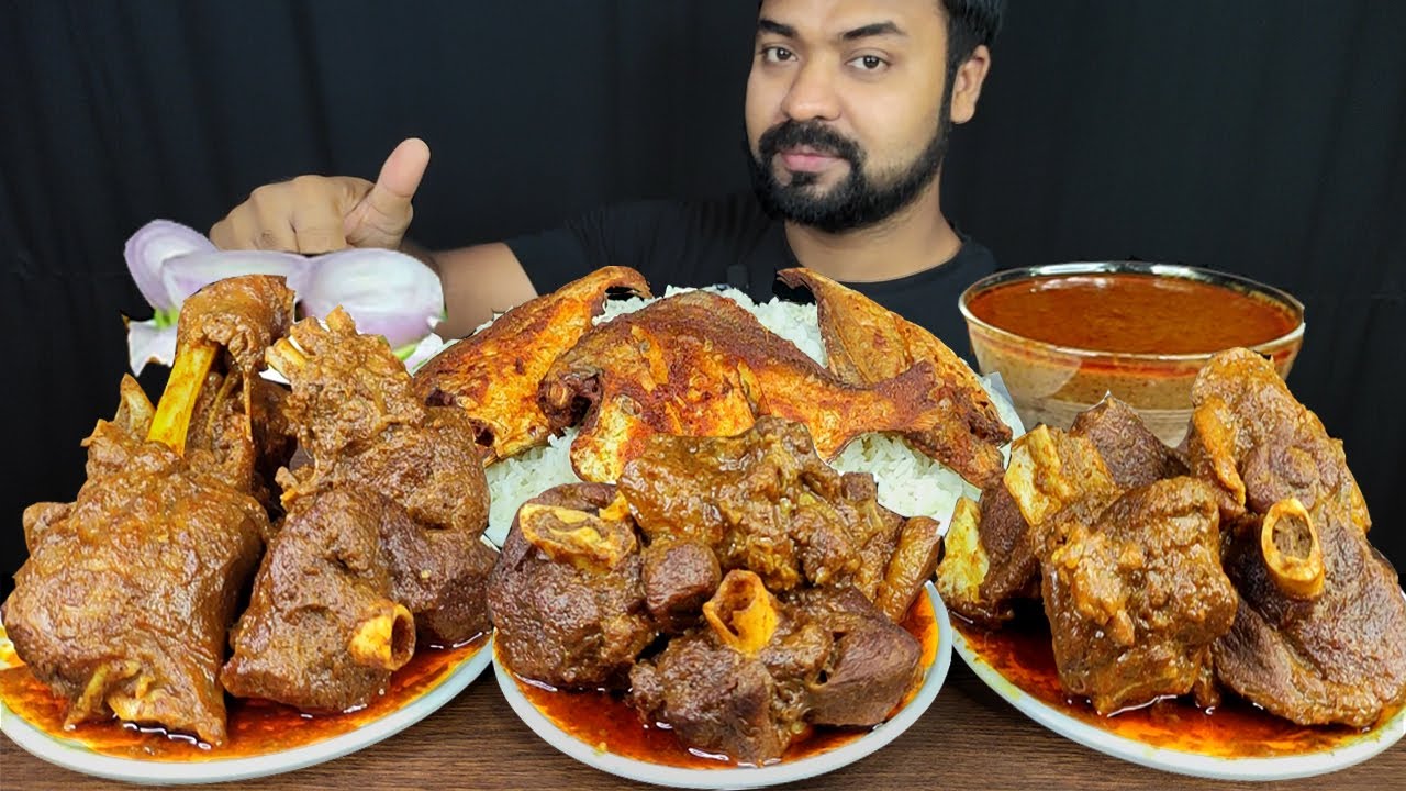 HUGE SPICY MUTTON CURRY, POMFRET FRY, MUTTON LEG PIECE, CHILI, RICE MUKBANG EATING SHOW | BIG BITES