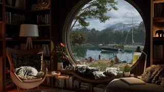 A Cozy Library & Fireplace By A Beautiful Calm Lake | 4K | Relaxing Fireplace Ambience