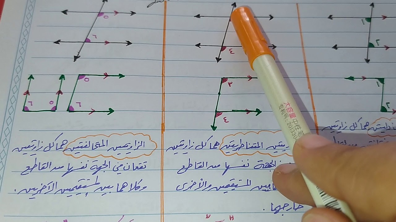 العلاقات بين الزوايا الناتجة عن مستقيمين متوازيين يقطعهما ثالث للصف السابع