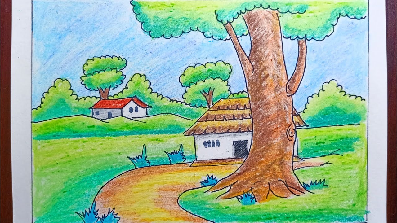 Easy Village scenery drawing for Beginners - Step by Step - Wax crayons ...