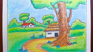 easy crayons drawing village wax scenery beginners