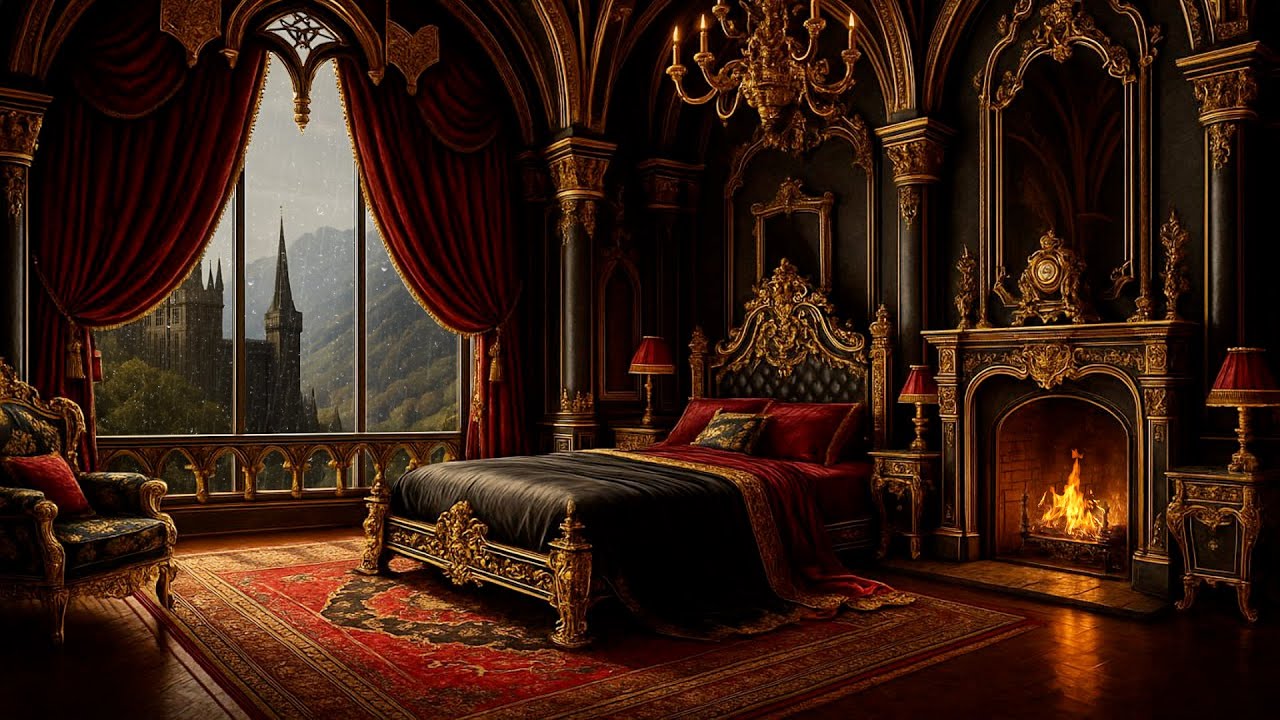 Victorian Castle Bedroom Ambience | Rainy Day with Cozy Fireplace ...