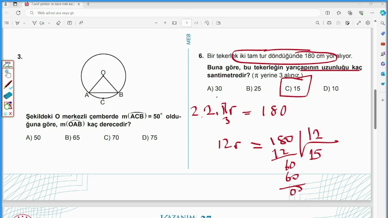 7.Sınıf Çember ve Daire MEB Kazanım Kavrama Test 27