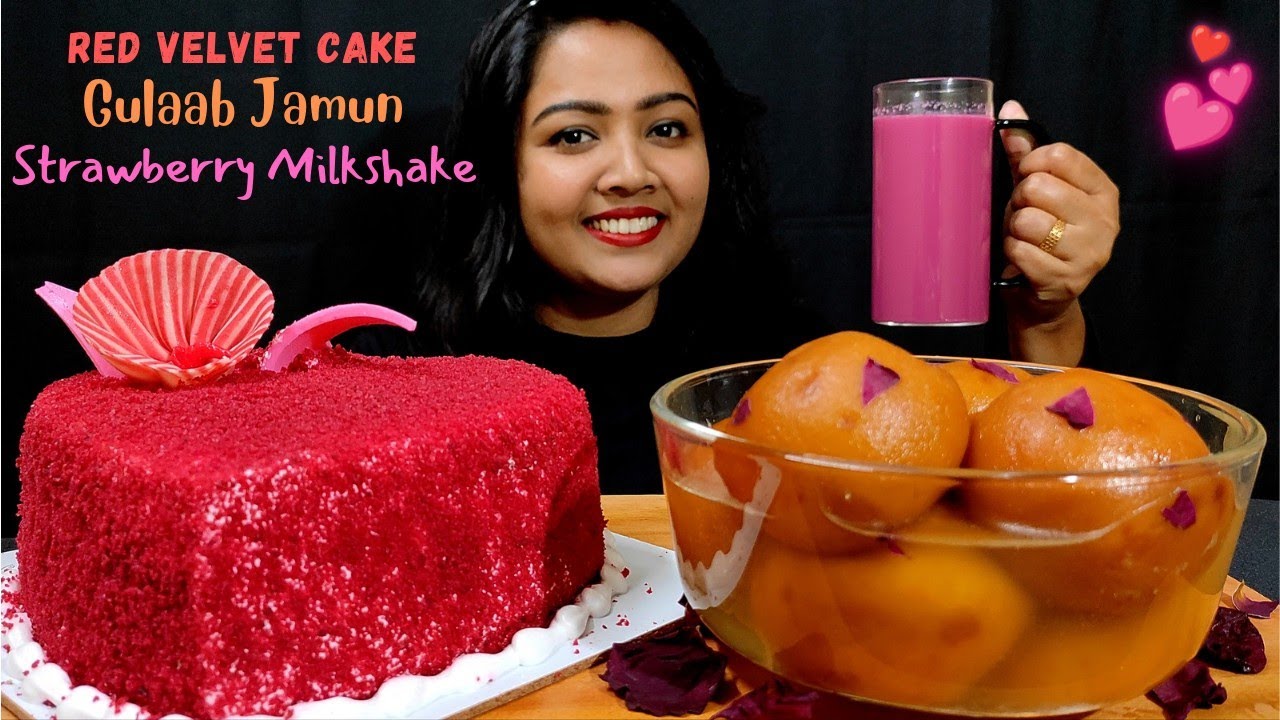 Eating ❤ Red Velvet Cake + Gulab Jamun + Strawberry Milkshake | ASMR Mukbang Cake & Sweets