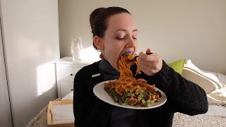 ASMR Whisper Eating Sounds | Carrot Pasta, Salad & Vegan Nut Karbonade